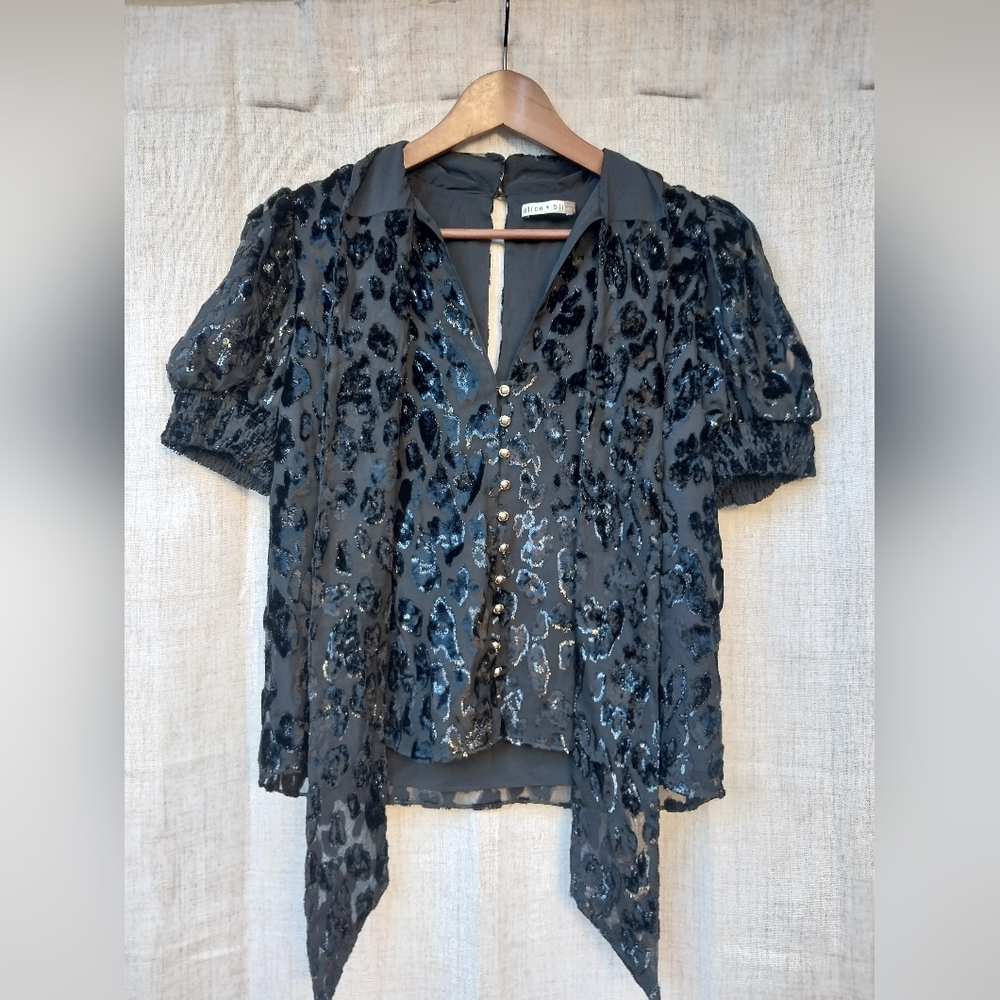 ALICE AND OLIVIA Louanne Leopard Burnout Tie Neck Blouse In Black
